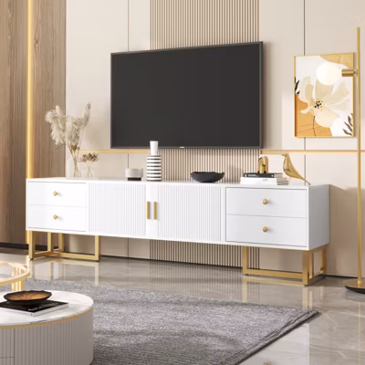 Meuble TV 175x30x46cm, panneau bas avec porte texturée, iroirs, poignées dorées et pieds dorés, blanc