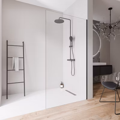 Paroi de douche italienne 130x220cm, verre NANO 10mm, profilé mural inox noir mat, sans profilé sol – EX102-2
