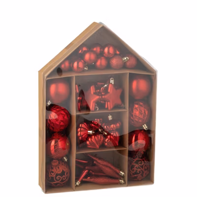 Boite de 50 suspensions de Noël en plastique rouge 24x6x34 cm