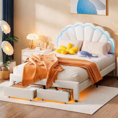 Lit enfant 140×200 cm rembourré avec LED, 2 tiroirs, tête de lit fleur en forme de coquillage et sommier à lattes