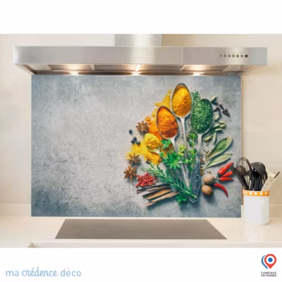 Crédence cuisine fond de hotte Epices et cuillères 1 – Verre trempé – L 90 cm x H 50 cm – MaCrédenceDéco