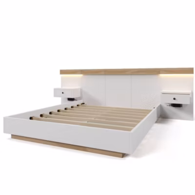 Lit Double 180x200cm 2 Chevets LED USB Chêne Blanc Blackcolors