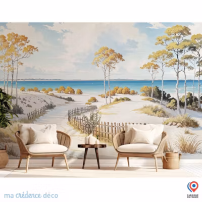 Papier peint Dune, Arbres et mer, Sud ouest, Aquarelle 5 – Intissé – 400 cm – 280 cm – MaCrédenceDéco