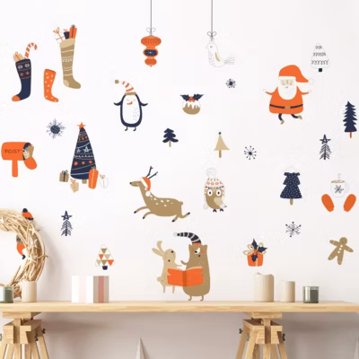 Stickers Noël père noël et ses animaux – Autocollants stickers adhésifs noël – décoration fêtes – 110x115cm