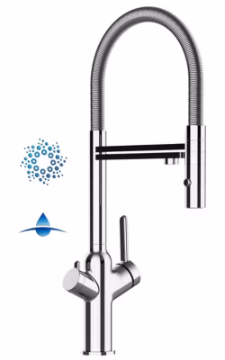Mitigeur de cuisine 4 Voies Pour Système De Carbonatation Et Filtration D&rsquo;eau, Bec Chromé Orientable, Douchette 2 Jets – Chrome