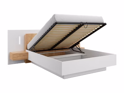 Lit coffre avec chevets 160 x 200 cm – 2 tiroirs – Avec LEDs – Coloris : Blanc et naturel – FRANCOLI