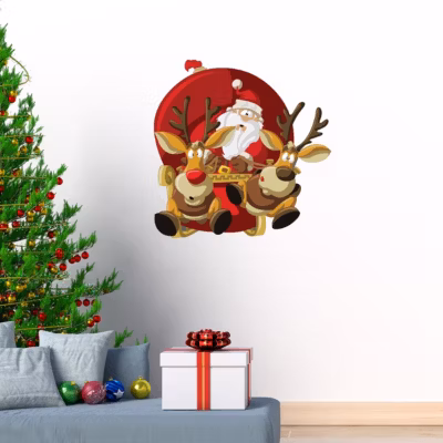 Sticker Noël Père Noël à vive allure avec ses rennes – Autocollants stickers adhésifs noël – décoration fêtes – 70x65cm