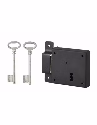 Serrure horizontale en applique à clé pour porte de cave, pêne seul, gauche, axe 50mm, 85x76mm, noir, 2 clés – THIRARD