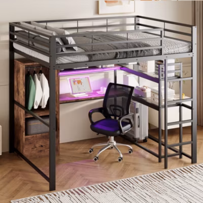 Lit mezzanine 140×200 cm ado/enfant avec Bureau et Tiroir, LED et Barrière de Sécurité – Métal – Noir, Sans Matelas