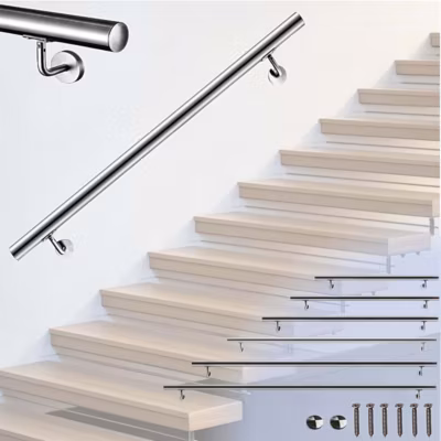 Main courante 100cm diam 42.4mm en Inox 304 Argent avec 2 supports