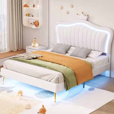 Lit 140×200 cm PU, tête de lit princesse LED, sommier inclus, design élégant, dossier confortable, sans matelas, blanc