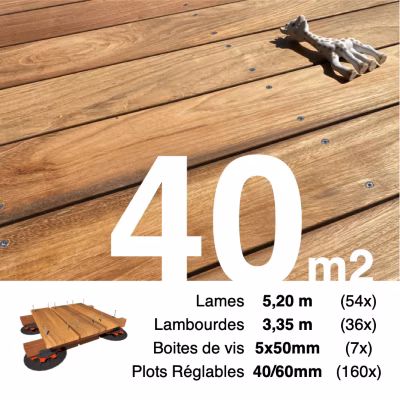 Kit complet terrasse bois exotique JATOBA pour 40 m², Lames 5,2 m, lambourdes 3,65 m, plots réglables et visserie Inox.
