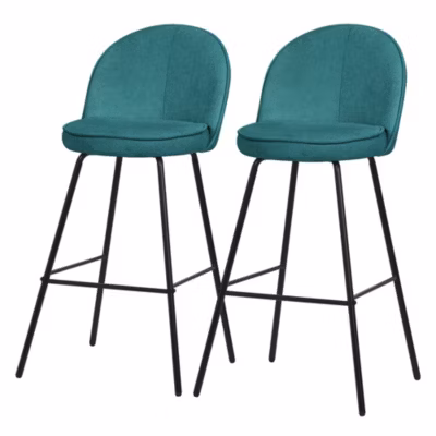 Lot 2 tabourets de bar ML-Design tissu bleu pétrole hauteur 75 cm avec dossier et repose-pieds îlot