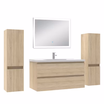 Ensemble meuble Salle de Bain 100cm avec colonne et miroir lumineux dimmable chêne wotan