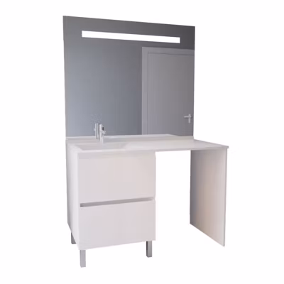 Meuble lave-linge IDEA, plan vasque déportée + Miroir Elégance h105- Blanc- Vasque à gauche