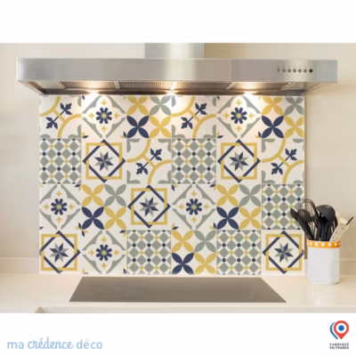 Crédence cuisine fond de hotte Carreaux ciments jaune – Verre trempé – L 70 cm x H 60 cm – MaCrédenceDéco