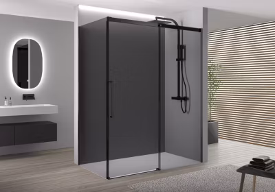 Cabine de douche d&rsquo;angle 110x100x195cm (LxPxH) verre 8mm, 1 porte coulissante, Profilé noir mat – DX906 FLEX