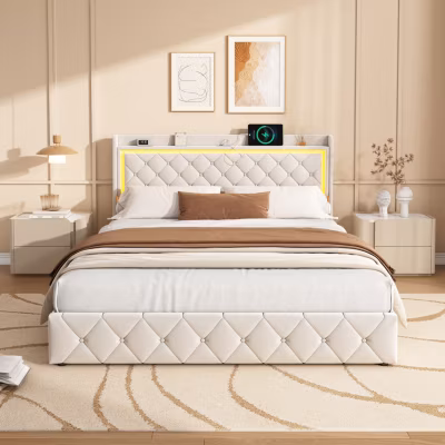 Lit double 160×200 cm, rangement, tête de lit étagères, LED, USB Type-C, Velours, Beige