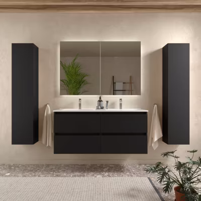 Meuble salle de bain – 120 cm – Plan double vasques céramique – Noir mat – A suspendre – KARAIB
