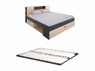 Lit avec tête de lit rangements et tiroirs – 160 x 200 cm – Coloris : Naturel et anthracite + Sommier – LEANDRE
