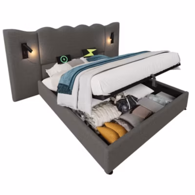 Lit 160×200 cm coffre de rangement avec sommier relevable et tête de lit en lin ondé, cadre métal moderne