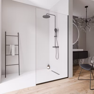 Paroi de douche italienne 160x220cm, verre NANO 10mm, profilé mural + sol noir mat – EX102-2