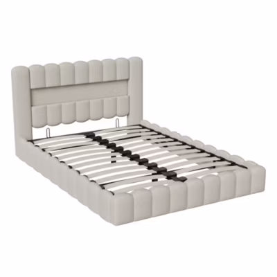Lit Rembourré 140×200 Cm Avec LED Et Point De Charge USB, Avec Fonction Et Sommier à Lattes, Beige