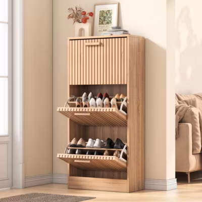 Armoire à chaussures en rotin, design aéré élégant, panneaux robustes étanches, dispositif anti basculement, 60x24x113 cm