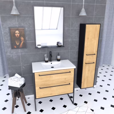 Meuble Salle de Bains 80 cm, Vasque Blanche, Miroir et Colonne – Chêne et Noir – STRUCTURA