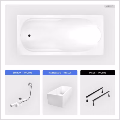 Baignoire rectangulaire – 190 x 80 cm – avec Habillage Polystyrène – Pieds – Vidage Chrome – BONA