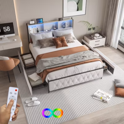 Lit adulte rembourré avec LED et USB, 4 tiroirs, sommier à lattes, velours, 160x200cm, Beige