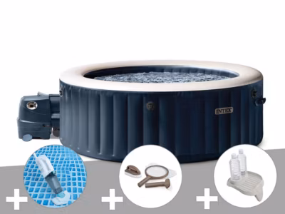 Kit spa gonflable Intex PureSpa Blue Navy rond Bulles 4 places + Aspirateur + Kit d&rsquo;entretien + Porte-verre