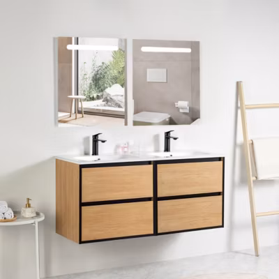 Ensemble Meuble prémonté 120 bois détail noir-Vasque céramique-Miroirs RIMA – bain-bain
