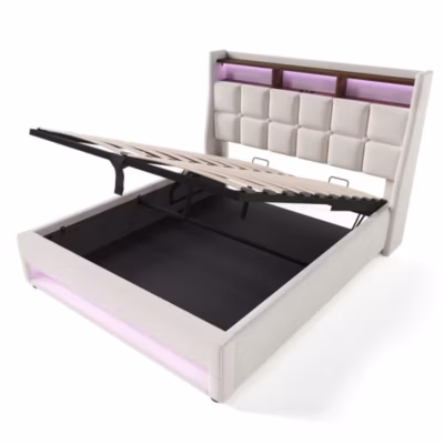 Lit 140×200 cm sommier relevable avec rangement intégré, tête de lit tapissée lin, éclairage LED et USB