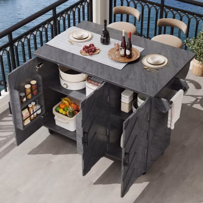 Îlot de Cuisine – desserte avec Tablette Extensible et Rangement Modulable, MDF Métal, Gris 118×45-75×92 cm