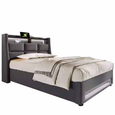 Lit 90×200 cm sommier relevable avec rangement, tête de lit rembourrée en lin gris, LED et port USB