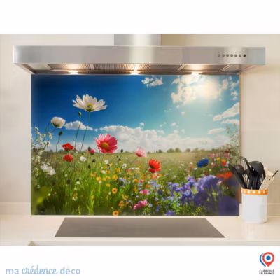 Crédence cuisine fond de hotte fleurs sauvages 3 – Verre trempé – L 60 cm x H 45 cm – MaCrédenceDéco