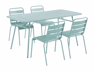Salle à manger de jardin en métal – une table L.160 cm et 4 chaises empilables – Vert amande – MIRMANDE de MYLIA