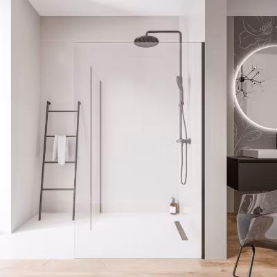 2 Parois de douche italienne d&rsquo;angle 130x200cm + 70cm, verre NANO 10mm, profilé mural inox noir mat, sans profilé sol – EX102