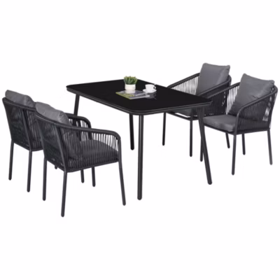 Salon de jardin 4 places 5 pièces table à manger chaises empilables coussins alu résine noir gris