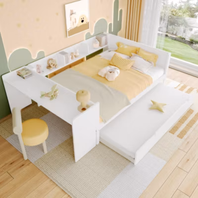 Lit 140×200 cm avec bureau intégré et lit gigogne, structure pin blanc et 3 étagères fonctionnelles
