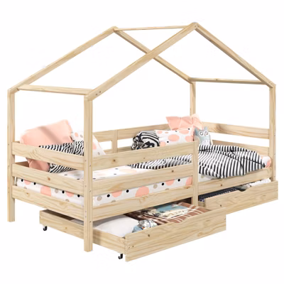 Lit cabane ENA avec tiroirs, 90 x 200 cm en pin massif naturel