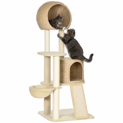 Arbre à chat style cosy chic griffoirs grattoir sisal 2 grandes niches plateforme hamac peluche courte beige jacinthe d&rsquo;eau