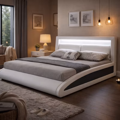 Lit en simili Blanc avec LED intégrées – 160x200cm – BRIXTON