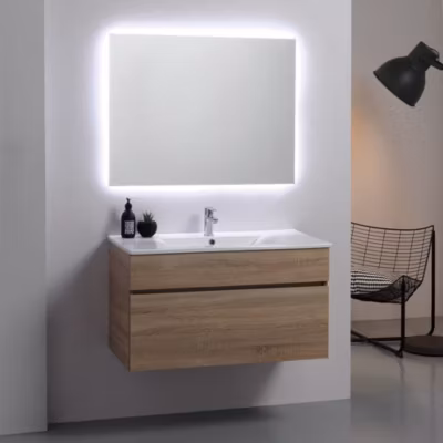 Composition Suspendue Pour Salle De Bain Cm 90 Chêne Well Avec Lavabo Et Miroir Rétro-Éclairé Série Sole