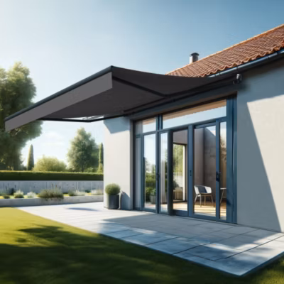 Store banne monobloc ESPAI 4,00×3,50m (Manuelle – Gris Graphite – Gris anthracite)