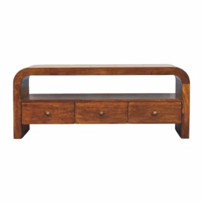 Artisan Furniture Bois massif Darcy 3 tiroir ouvert étagère châtaignier meuble TV, marron