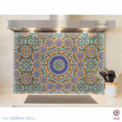 Crédence cuisine fond de hotte Arabesque marocaine – Verre trempé – L 90 cm x H 70 cm – MaCrédenceDéco
