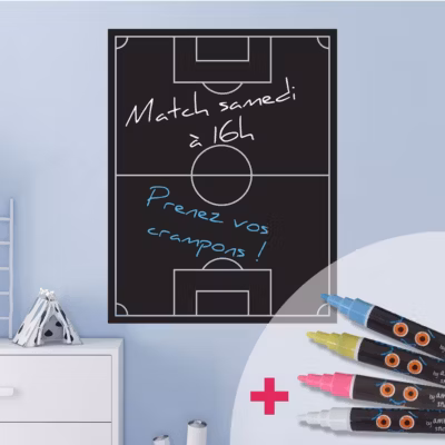 Sticker ardoise tableau noir – stickers muraux adhésif effaçable – TERRAIN DE FOOT + 4 CRAIES LIQUIDES – 100x75cm
