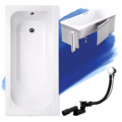 Baignoire rectangulaire 150 x 70 CONTINEA acrylique blanc + Habillage en polystyrène + Pieds + Vidage à chromé